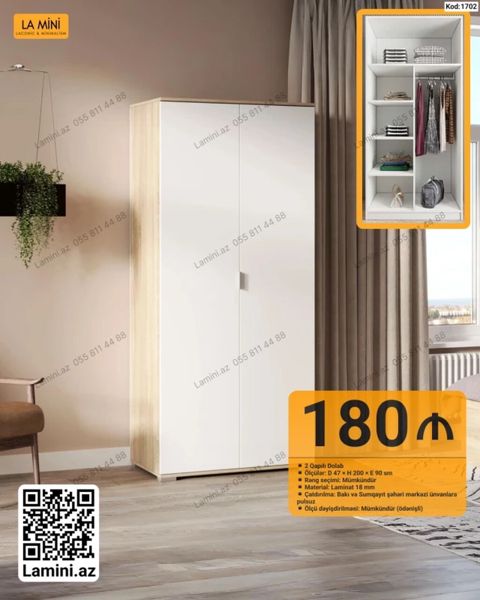 2 qapılı paltar dolabı – La Mini - Kod: 1702 - Ölçü: D 47 H 200 E — Bakı