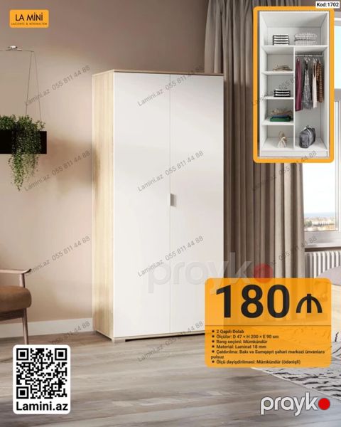 LA Mını 2 qapılı dolab - Kod: 1702 - Ölçü: D 47 H 200 E 90 sm — Bakı