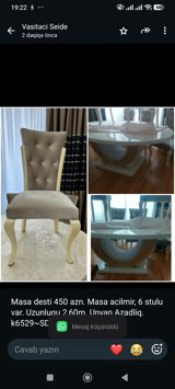 Masa desti 450 azn. Masa acilmir, 6 stulu var. Uzunlugu 2,60m. Unvan — Furniture