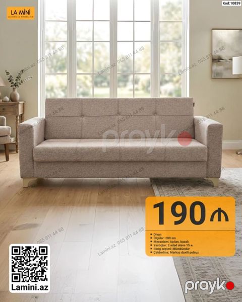 Məhsul: Divan (Kod: 10839) - Ölçü: 200 sm - Mexanizm: Açılan, bazalı — Bakı