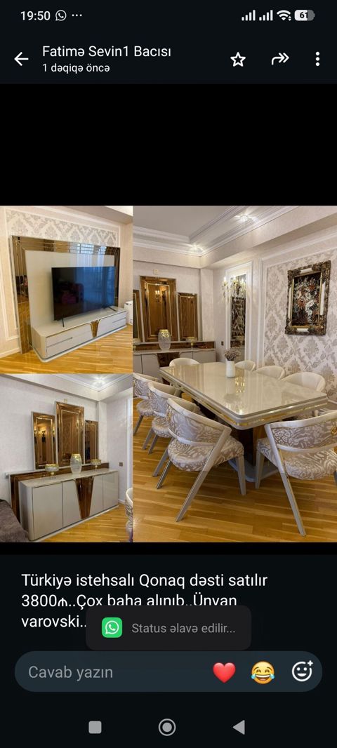 Türkiyə istehsalı Qonaq dəsti satılır 3800₼. Çox baha alınıb. Ünvan — Bakı