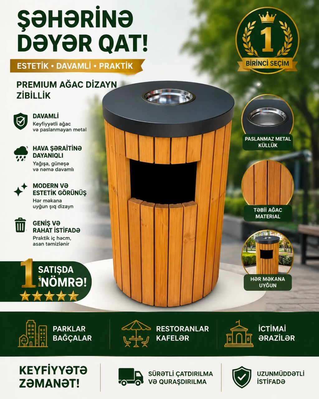 Premium ağac dizayn zibil qutusu - Estetik, davamlı və praktik — Mallar, Xırdalan (2)