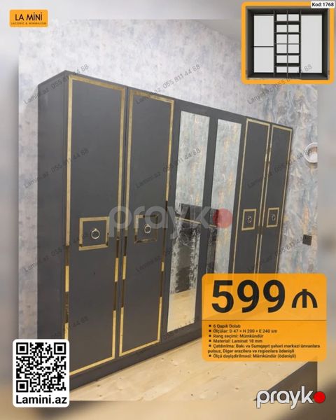 6 qapılı dolab – kod: 1768 - Ölçülər: D 47 x H 200 x E 240 sm — Bakı