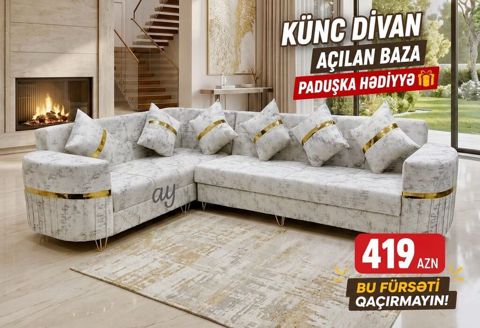 Künc divan – açılan baza ilə - Geniş L formalı dizayn, müasir — Bakı
