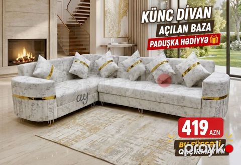 Künc divan – açılan baza ilə - Geniş L‑şəkilli dizayn: həm oturma, həm — Bakı