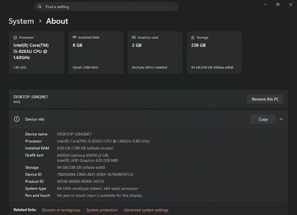 Core i5 / 8 GB RAM / Nvıdıa 2 GB / SSD Yaxşı vəziyyətdə və tam işlək — Lenovo, Bakı (3)