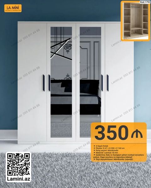 4 qapılı dolab – La Mini - Ölçülər: Dərinlik 47 sm Hündürlük 200 sm — Bakı