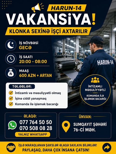 Fəhlə tələb olunur, Gecə növbəsində iş, Aylıq ödəniş — Sumqayıt