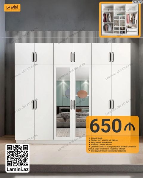 Kod: 5367 6 qapılı paltar dolabı – müasir minimalist dizayn - Rəng — Bakı
