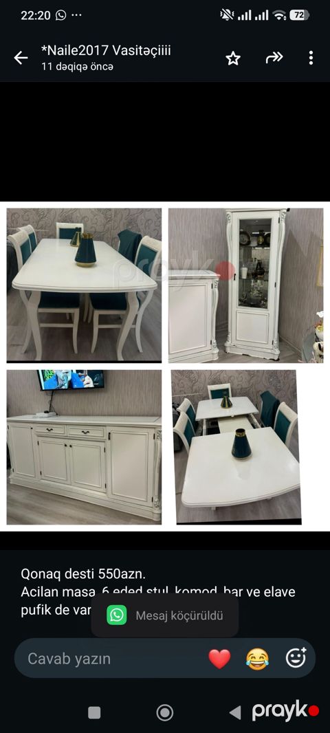 Qonaq desti 550azn. Acilan masa, 6 eded stul, komod, bar ve elave