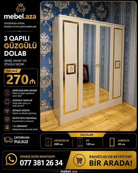 3 Qapılı Güzgülü Dolab — 270 AZN Zövqlü və klassik dizayn — Bakı
