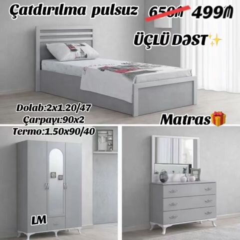 Üçlü yataq otağı dəsti – zərif boz rəngdə Komplekt: - Çarpayı: 90×200 — Mehdiabad