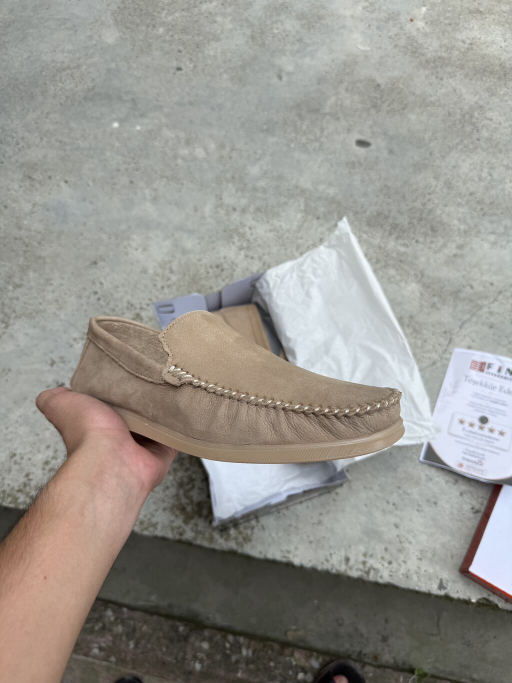 Bej rəngli kişi mokasinləri - Üst hissə: yumşaq teksturalı material — Ayaqqabılar, Bakı (3)