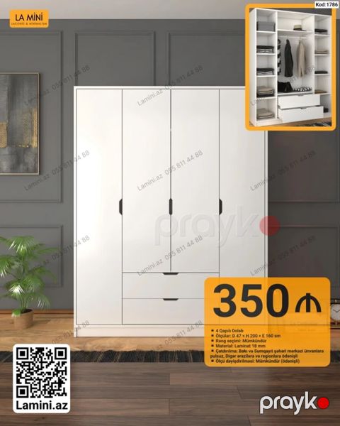4 qapılı paltar dolabı – La Mini - Ölçü: Dərinlik 47 sm Hündürlük — Bakı
