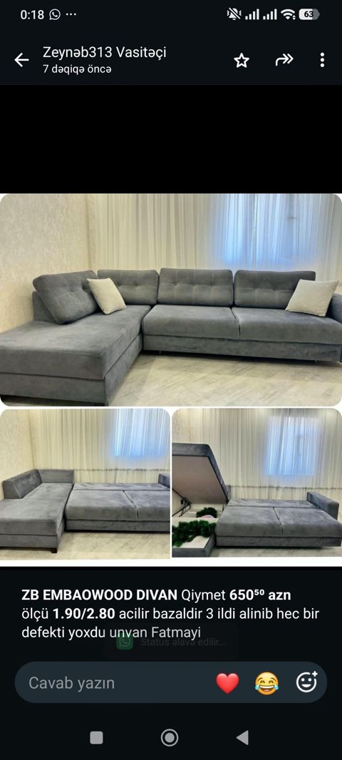*ZB* *Embaowood Dıvan* Qiymet *650⁵⁰ azn* ölçü *1.90/2.80* acilir — Bakı