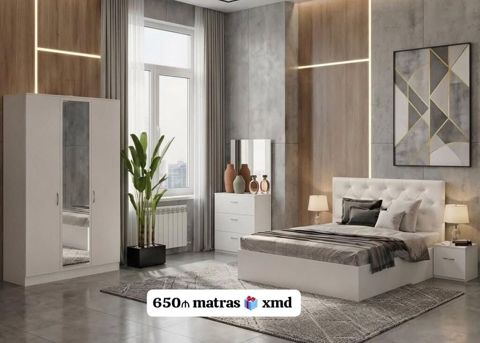Müasir yataq otağı dəsti – zərif ağ rəngdə minimalist dizayn. Dəst — Bakı