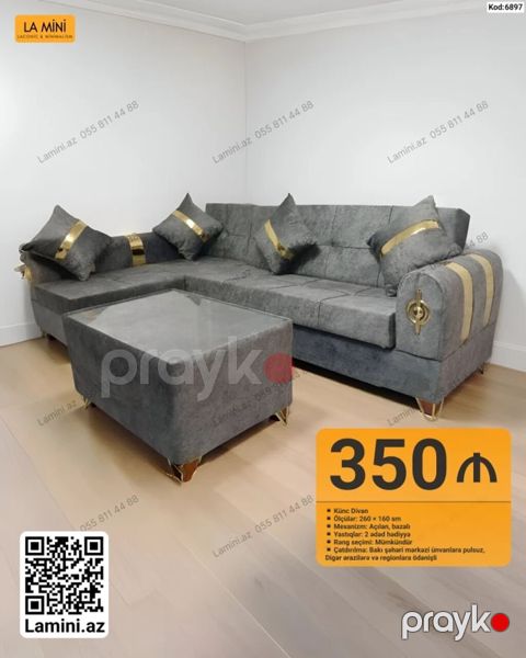Künc divan dəsti - Ölçülər: 260 160 sm - Mexanizm: açılan, bazalı — Bakı