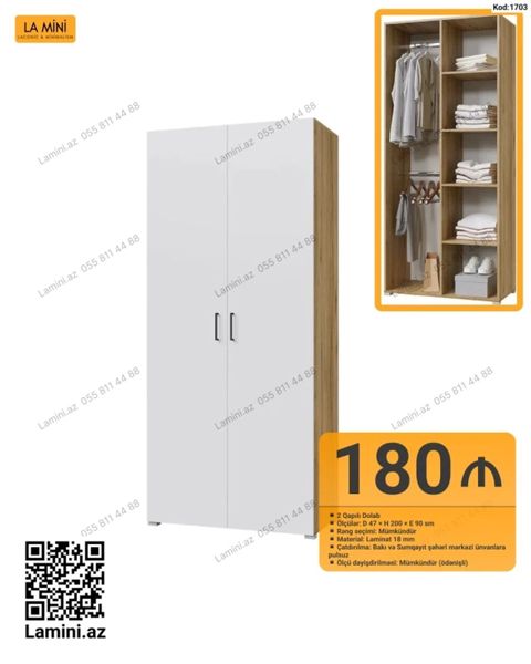 İki qapılı paltar dolabı - Ölçülər: D 47 x H 200 x E 90 sm - Daxili — Bakı