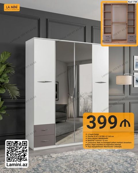 4 qapılı dolab – Kod: 1788 - Ölçü: Dərinlik 47 sm Hündürlük 200 sm — Bakı