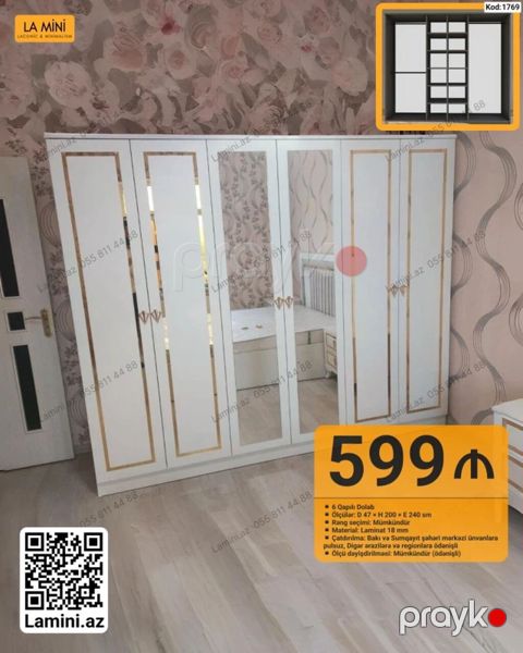 6 qapılı dolab – Kod: 1769 - Ölçülər: Dərinlik 47 sm Hündürlük 200 — Bakı