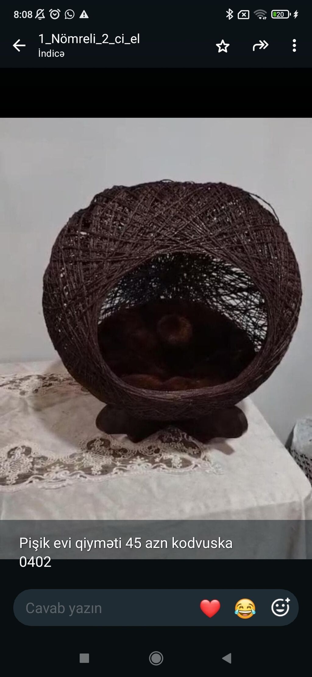 Pişik evi – dekorativ kürə formalı model. - Material: möhkəm ip/rafiya — Heyvanlar, Gəncə