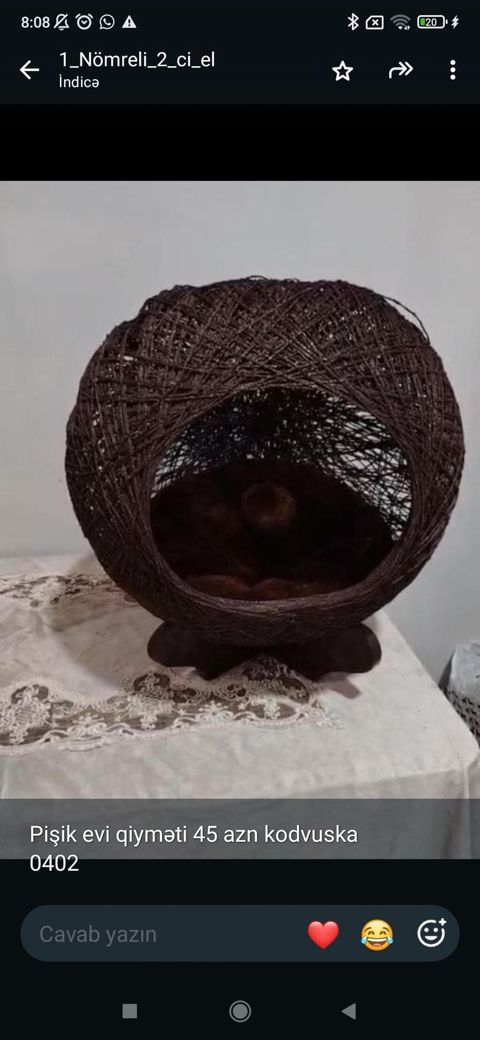 Pişik evi – dekorativ kürə formalı model. - Material: möhkəm ip/rafiya — Gəncə