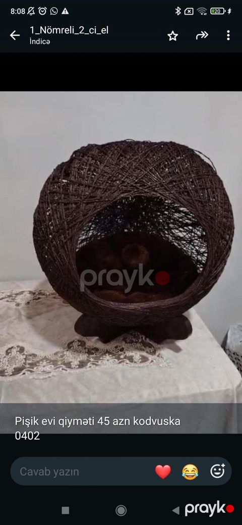 Pişik evi – dekorativ kürə formalı model. - Material: möhkəm ip/rafiya — Gəncə