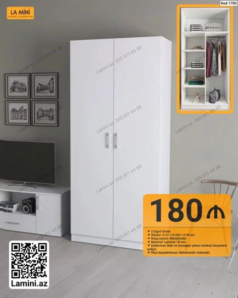 İki qapılı dolab – Kod: 1700 - Ölçülər: Dərinlik 47 sm Hündürlük — Bakı