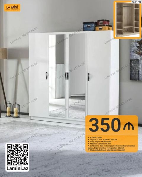 La Mini 4 qapılı şkaf – kod: 1795 - Ölçü: D 47 H 200 E 160 sm — Bakı