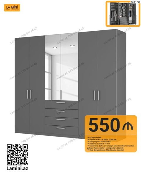 6 qapılı paltar dolabı - Ölçülər: D 47 H 200 E 240 sm - Rəng — Bakı