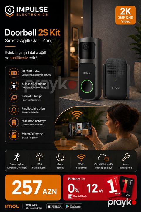 Ağıllı qapı zəngi Imou Doorbell 2S Kit 2K Kamera WiFi Video Doorbell — Bakı
