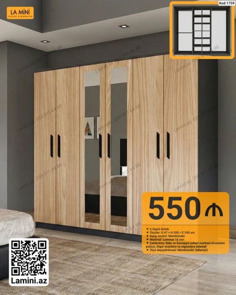 6 qapılı dolab - Ölçülər: D 47 H 200 E 240 sm - Material: 18 mm — Bakı