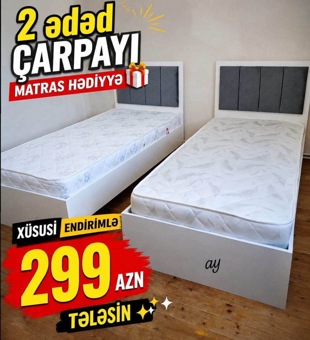 2 ədəd tək nəfərlik çarpayı dəsti. Ağ rəngli korpus, yumşaq boz başlıq — Mebel, Bakı