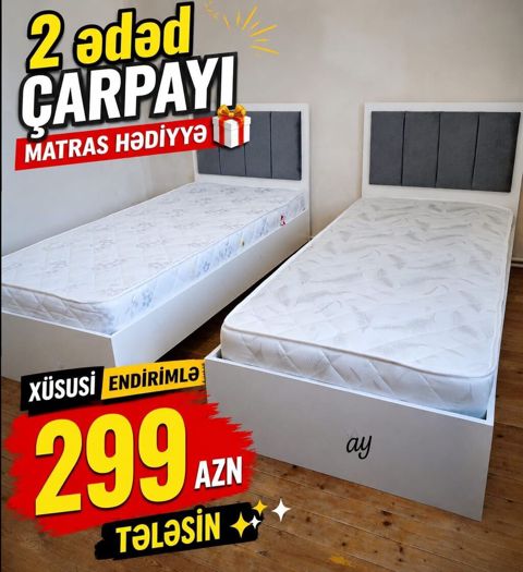 2 ədəd tək nəfərlik çarpayı dəsti. Ağ rəngli korpus, yumşaq boz başlıq — Bakı