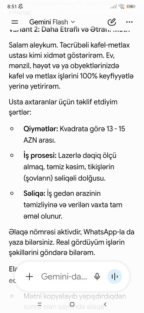 Peşəkar kafel və metlax ustası xidməti - Xidmət sahəsi: ev, mənzil — Bərdə
