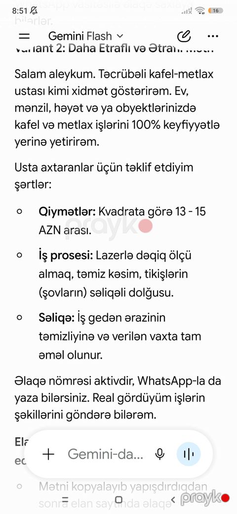 Peşəkar kafel və metlax ustası xidməti - Xidmət sahəsi: ev, mənzil — Bərdə