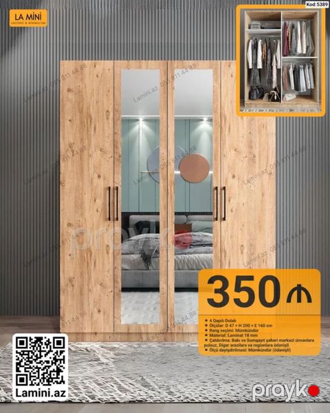4 qapılı paltar dolabı – LA Mını - Ölçü: D 47 H 200 E 160 sm — Bakı