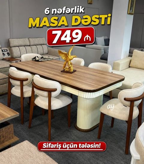 6 nəfərlik masa dəsti - Dəst: 1 ədəd yemək masası + 6 ədəd stul