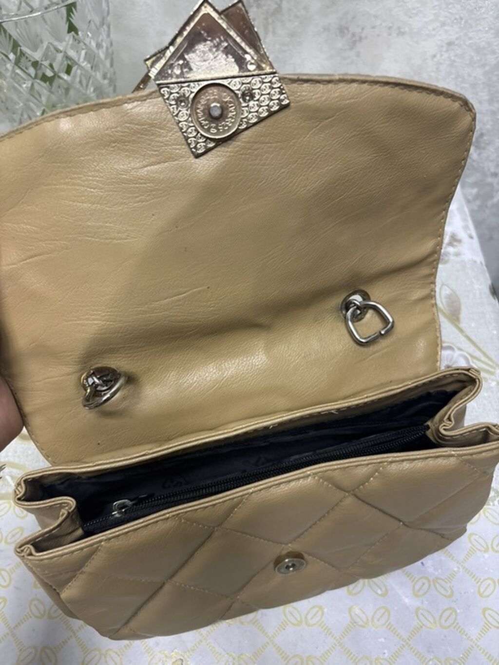 Bej rəngli quilted (romb tikişli) qadın çantası - Material: yumşaq — Çantalar, Bakı (3)