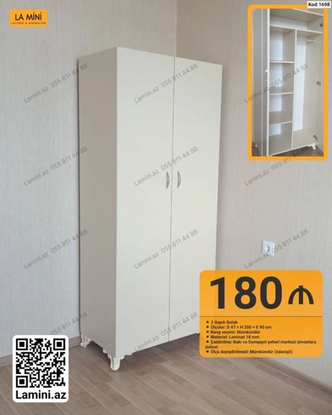 2 qapılı paltar dolabı - Ölçü: D 47 H 200 E 90 sm - Rəng seçimi — Bakı