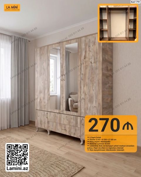 4 qapılı şkaf – Kod: 1791 - Ölçülər: D 40 H 200 E 160 sm — Bakı