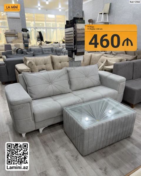 Divan – ölçü: 230 sm - Rəng: açıq boz - Üç yastıqla komplekt - Yumşaq — Bakı