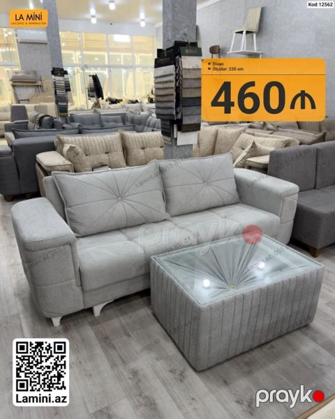 Divan – ölçü: 230 sm - Rəng: açıq boz - Yumşaq, toxumalı parça üzlük — Bakı