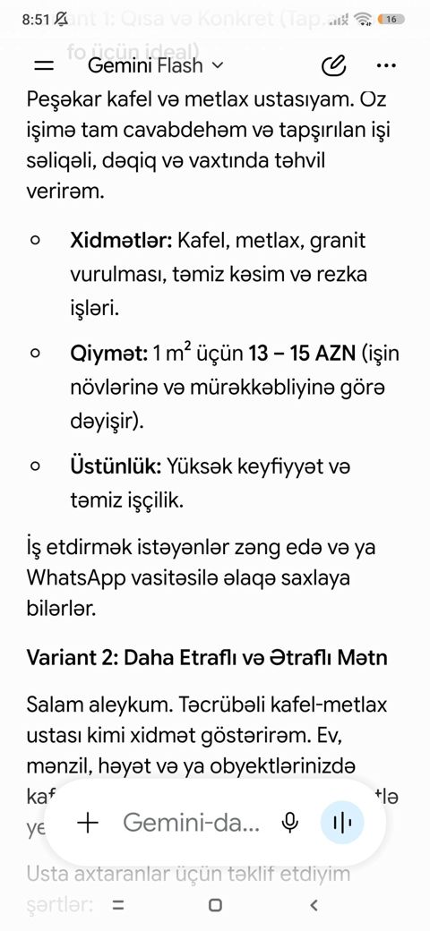 Peşəkar kafel–metlax xidməti Xidmətlər: - Kafel, metlax, qranit — Bərdə