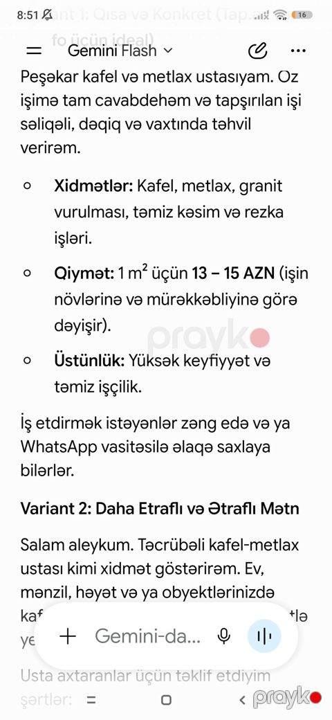 Peşəkar kafel–metlax xidməti Xidmətlər: - Kafel, metlax, qranit — Bərdə