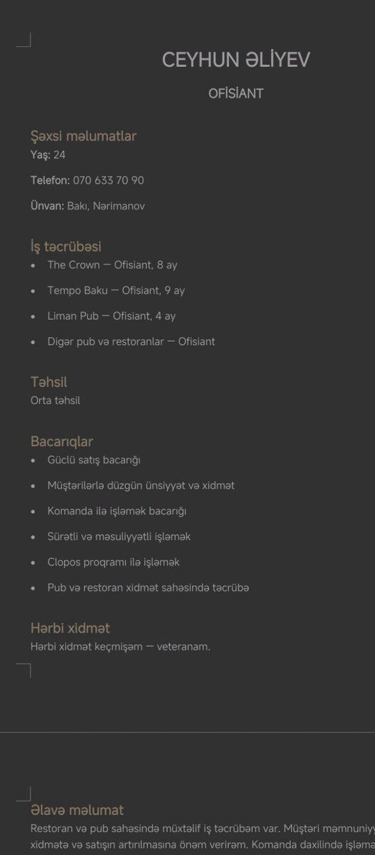 Ofisiant işi axtarıram — İş axtarıram, Bakı (2)