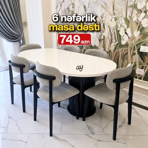 6 nəfərlik masa dəsti — 749 AZN - Zərif oval formalı, parlaq ağ üstlü