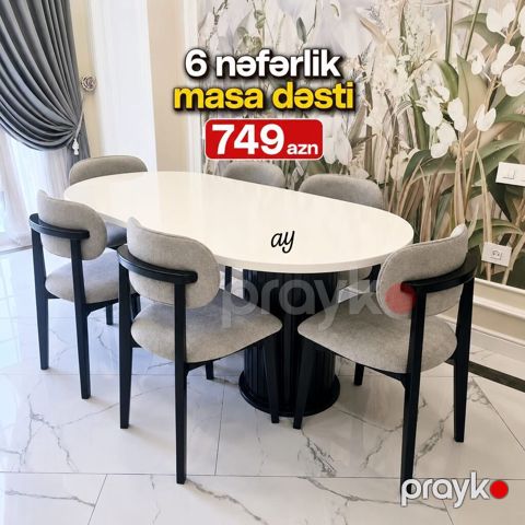 6 nəfərlik masa dəsti – 749 AZN - Oval formalı, parlaq ağ səthli masa — Bakı