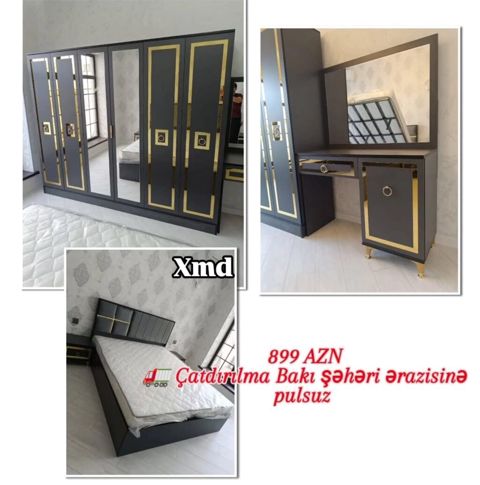 Yataq otağı mebel dəsti - Rəng: tünd boz, qızılı dekor elementləri — Bakı