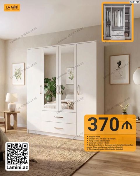 Məhsul: 4 qapılı geyim dolabı (Kod: 1784) - Ölçülər: D 47 x H 200 x E — Bakı